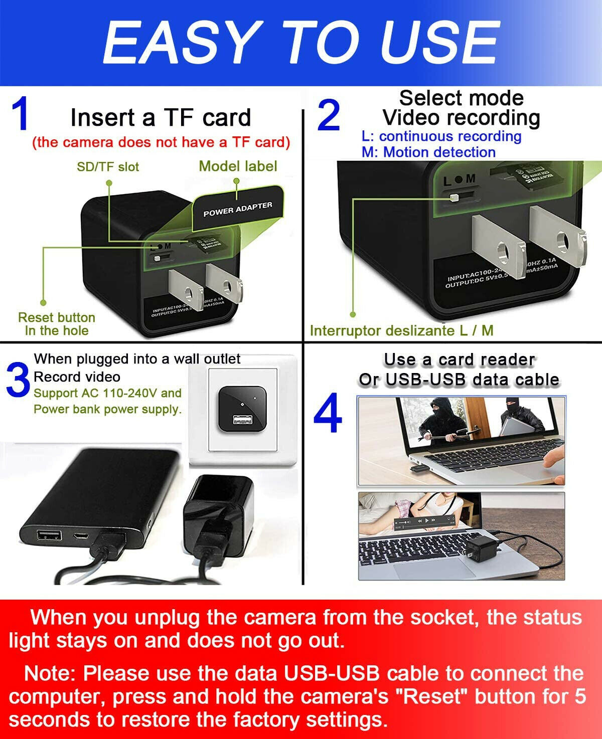 Hidden Camera HD 1080P USB Charger Home Security - Horizon Bliss