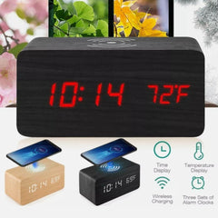 Wooden Digital Alarm Clock with Wireless Phone Charging Pad - Horizon Bliss