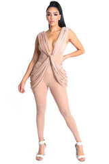 Sexy Sleeveless Lightweight Draped Mesh Jumpsuit Party Clubwear NUDE