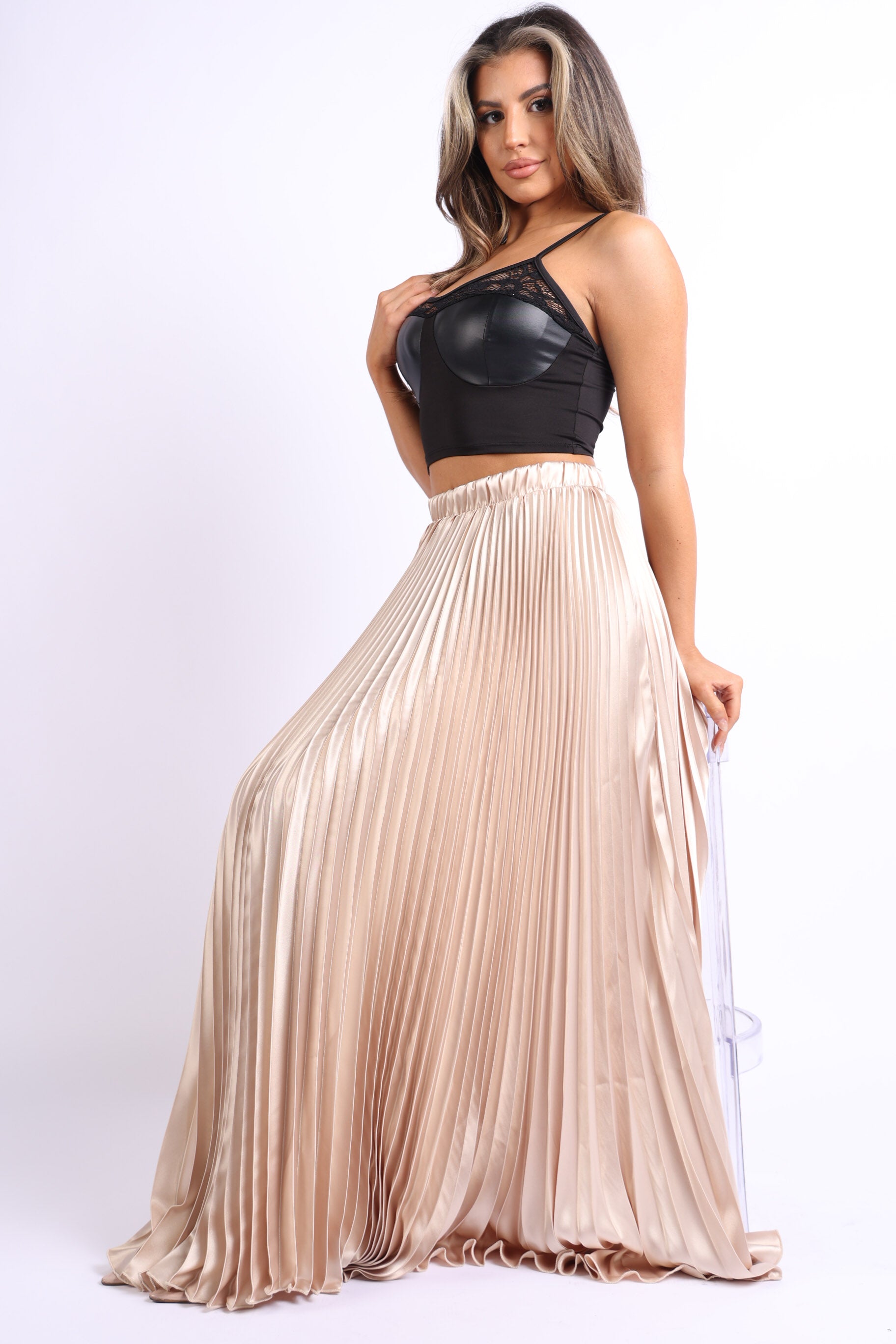 Elastic High Waist A-Line Pleated Satin Maxi Skirt TAUPE - Horizon Bliss