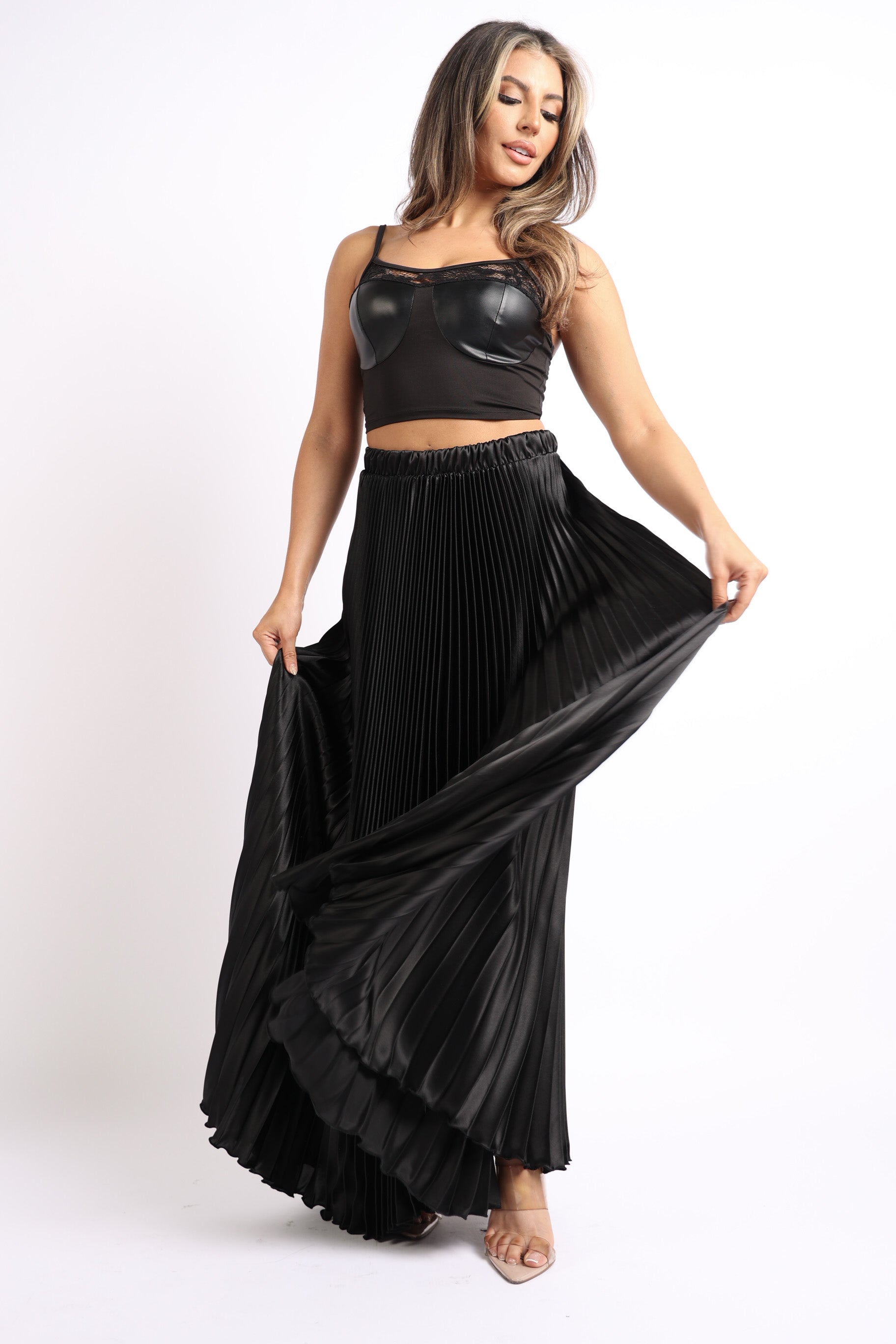 Elastic High Waist A-Line Pleated Satin Maxi Skirt BLACK - Horizon Bliss