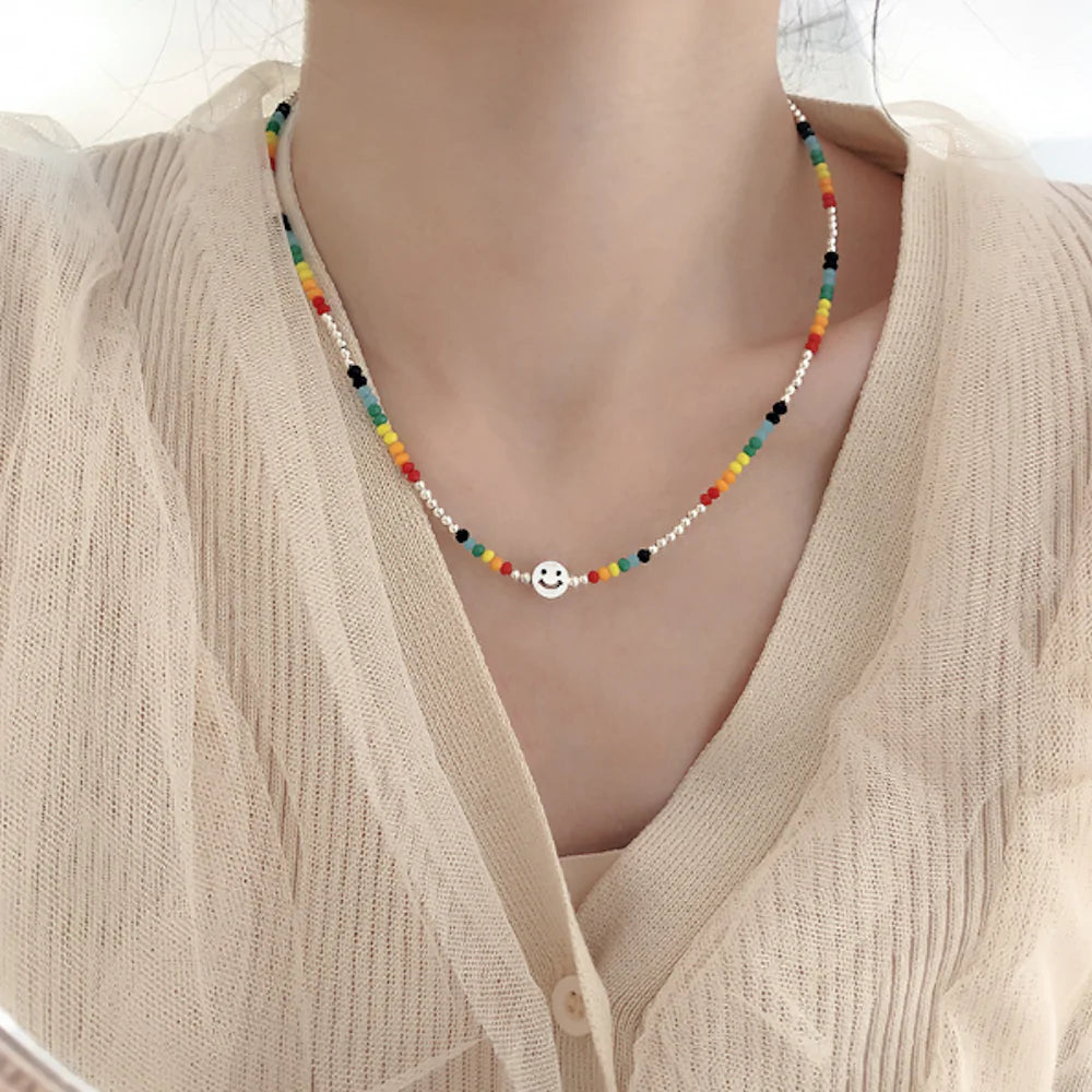 Womens Colorful Beaded Necklace With Happy Face - Horizon Bliss