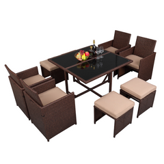 9 Pieces Wood Grain PE Wicker Rattan Dining Patio Furniture Set - Horizon Bliss