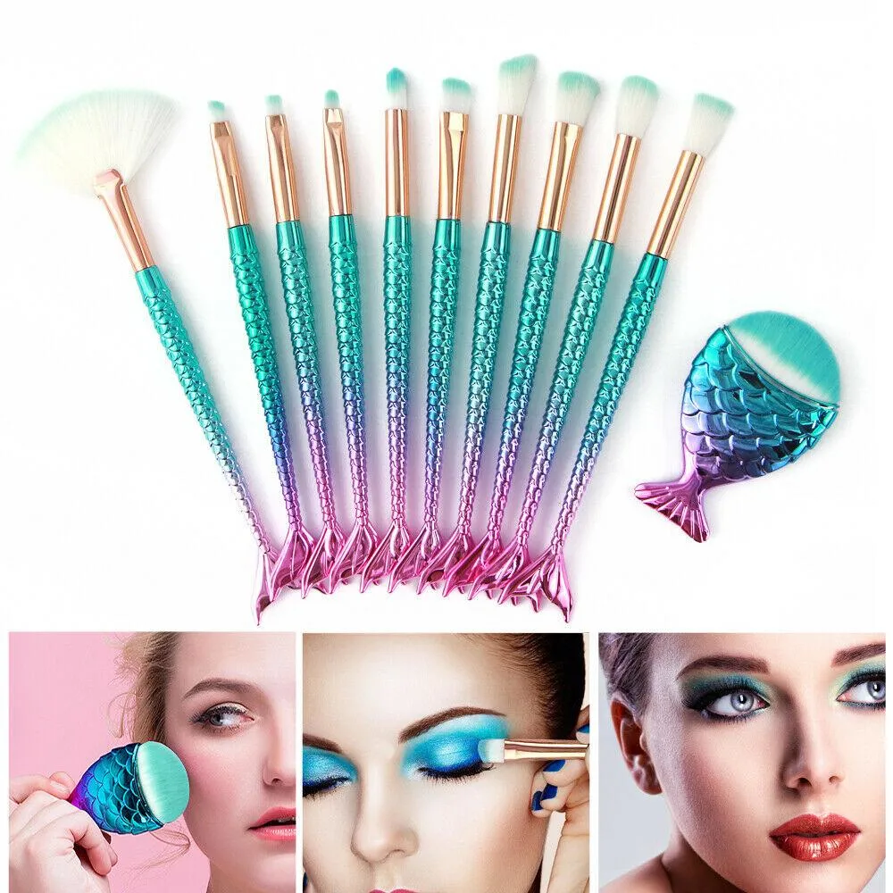 11pcs mermaid-gradient blue with fan-shaped makeup brush - Horizon Bliss