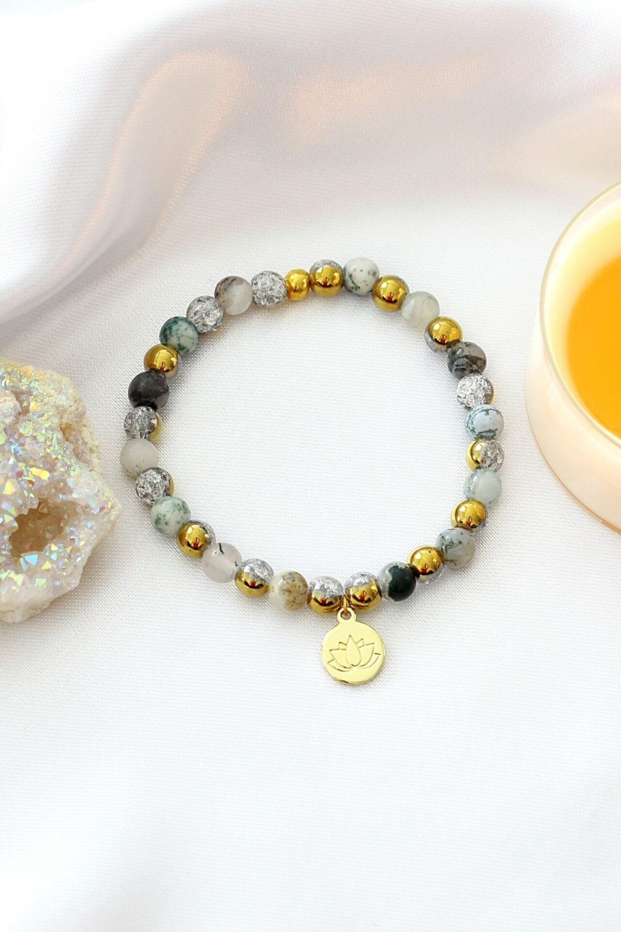 Mossy Agate Elastic Bracelet | 24K Lotus Flower Charm - Horizon Bliss