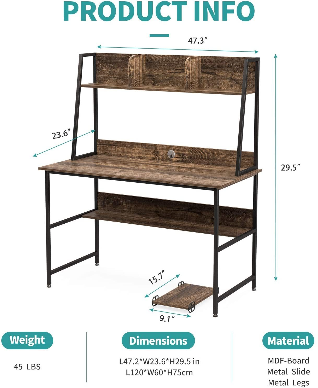 47 Inch Computer Desk with Shelves Sturdy Writing Desk - Horizon Bliss