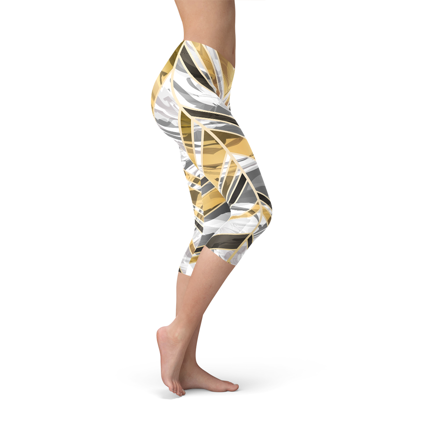 White Marble w/ Black Gold Lines Capri Leggings - Horizon Bliss