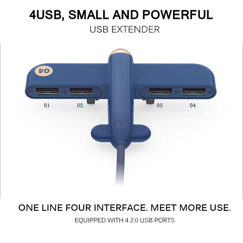 4 Ports USB 2.0 HUB Aircraft Shape Splitter Blue