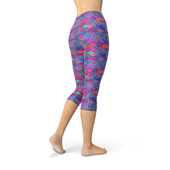 Womens Purple Pink Mermaid Capri Leggings - Horizon Bliss