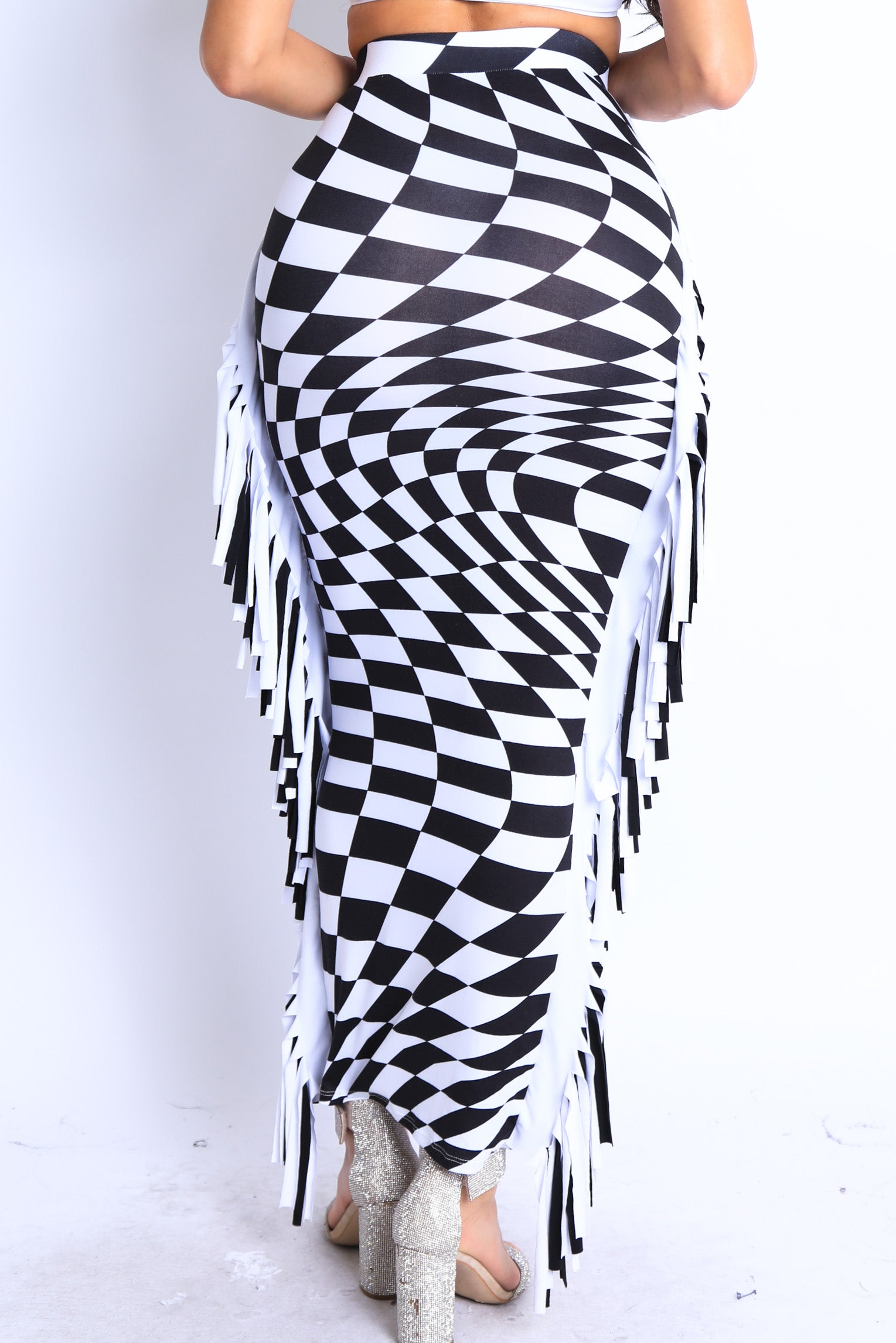 Checkered Elastic High Waist Stretch Bodycon Maxi Pencil Skirt - Horizon Bliss