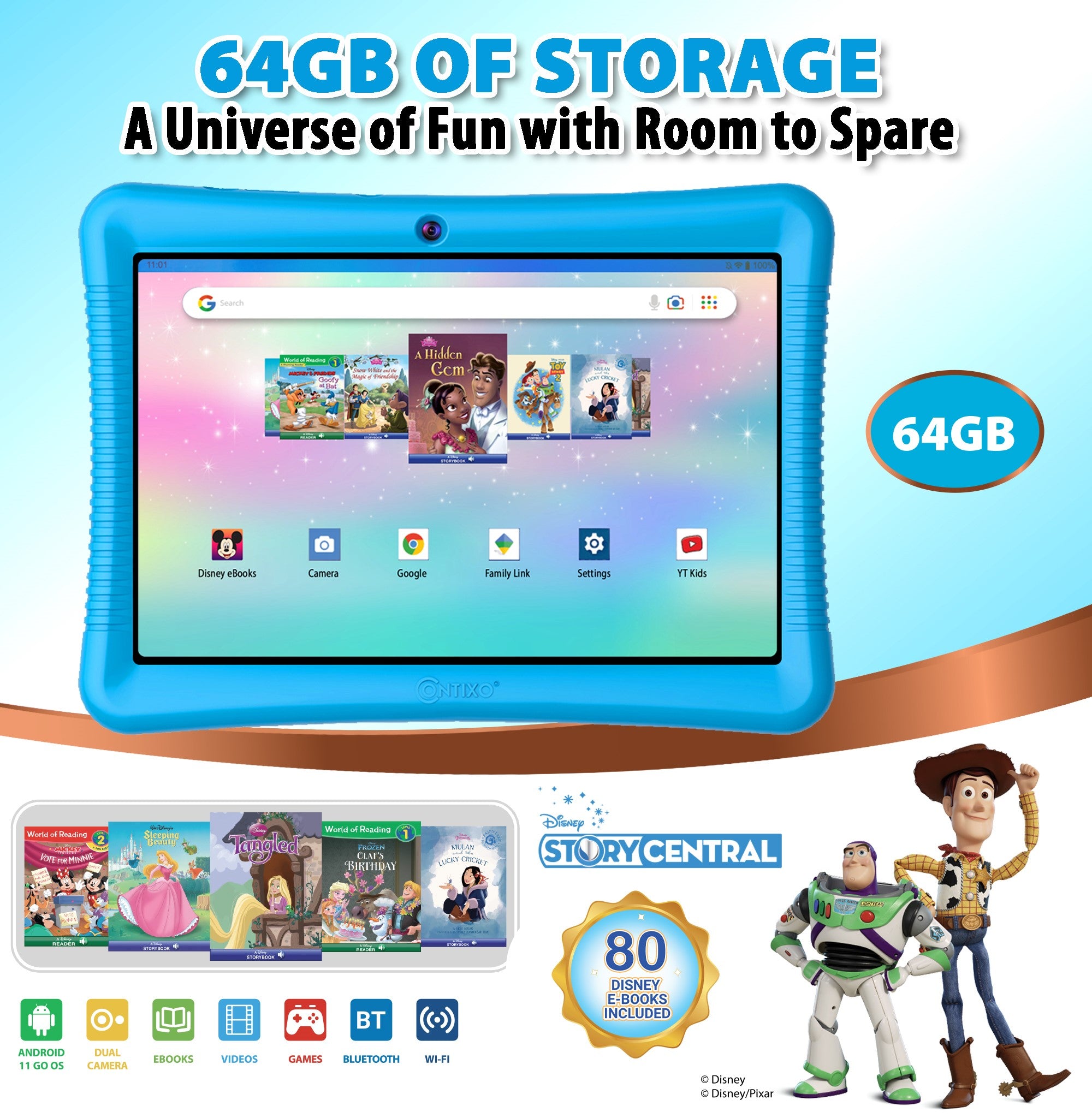 K102 Blue 10" Kids Android 64GB Tablet with Disney E-books and videos - Horizon Bliss