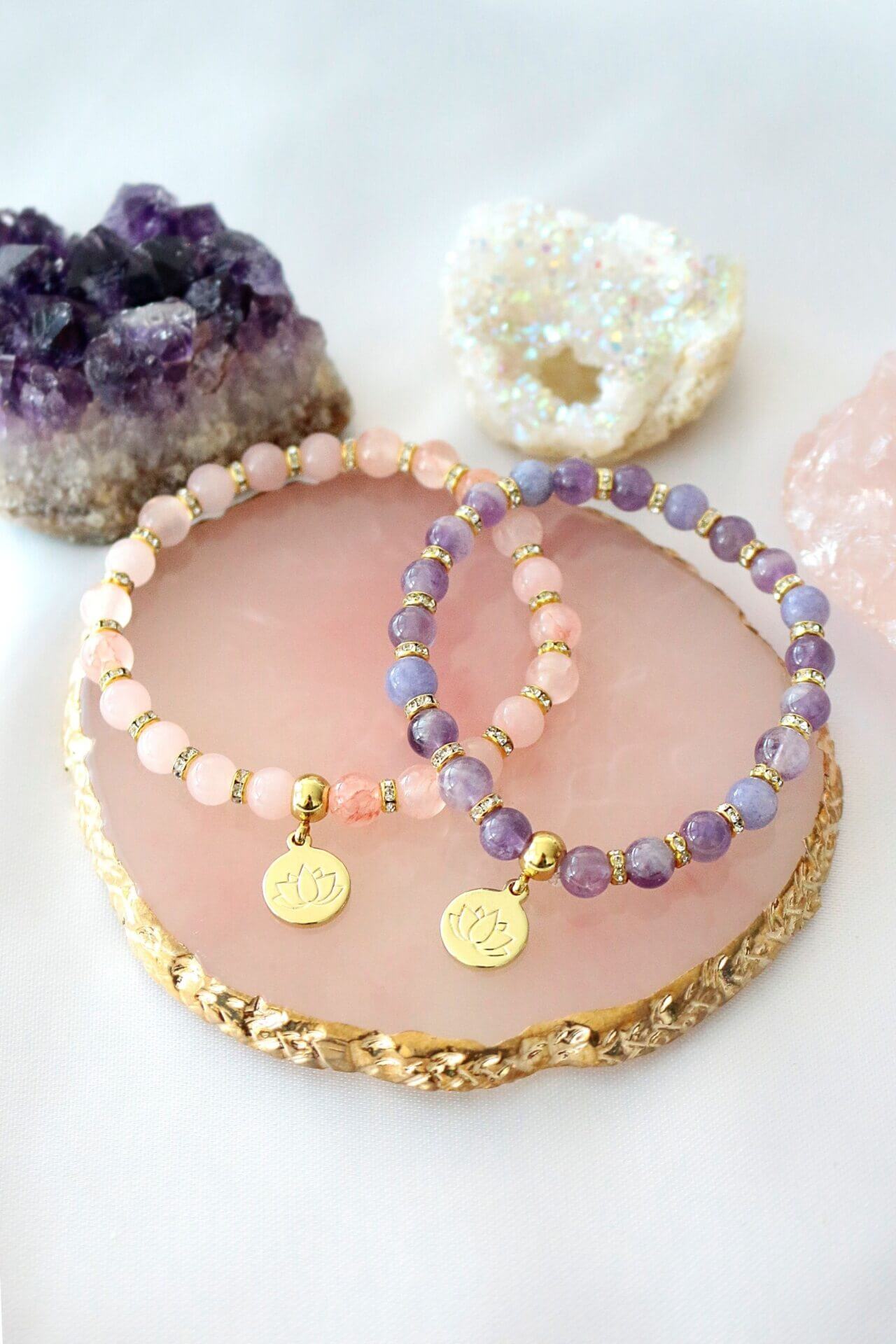 Rose Quartz – Amethyst Elastic Bracelet | 24K Lotus Flower Charm - Horizon Bliss