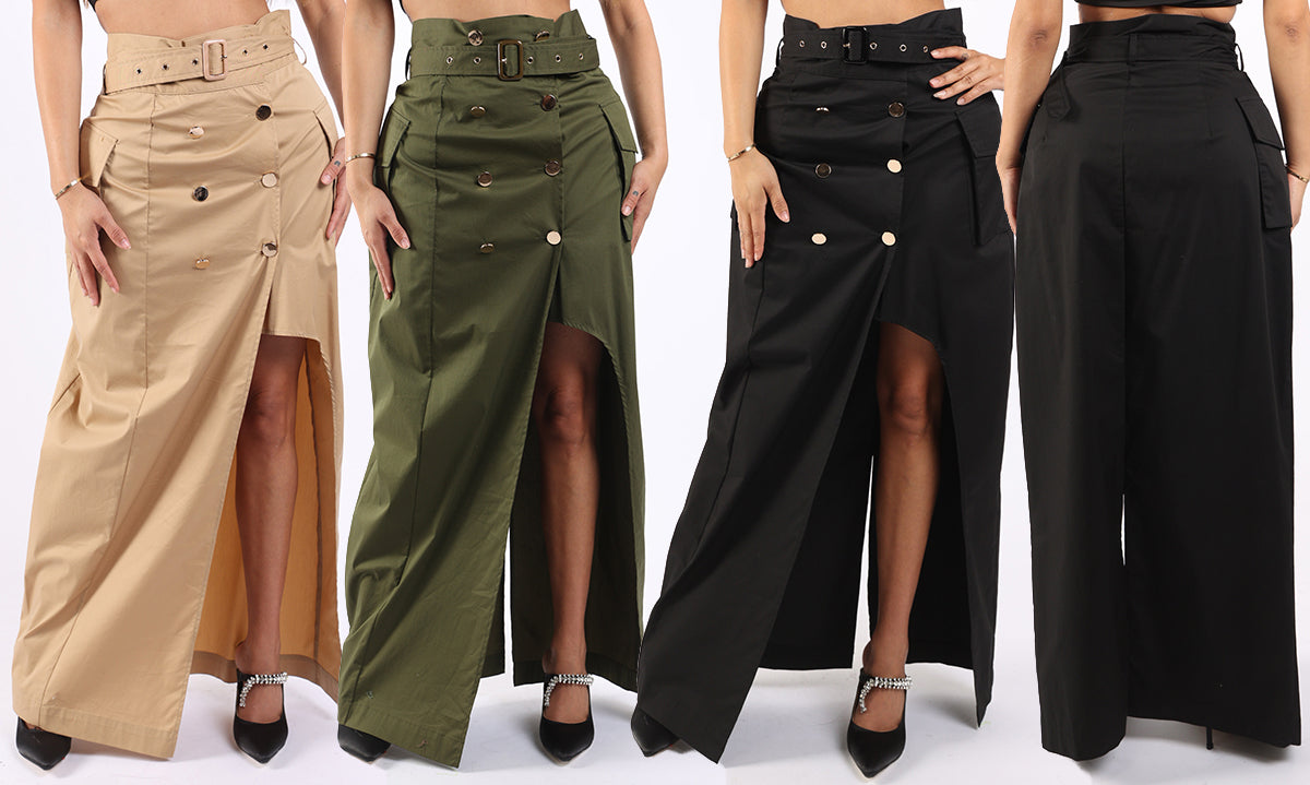 Asymmetric Self Belted Pockets Detailed Maxi Skirt Formal Casual - Horizon Bliss