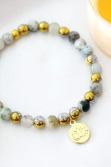 Mossy Agate Elastic Bracelet | 24K Lotus Flower Charm - Horizon Bliss