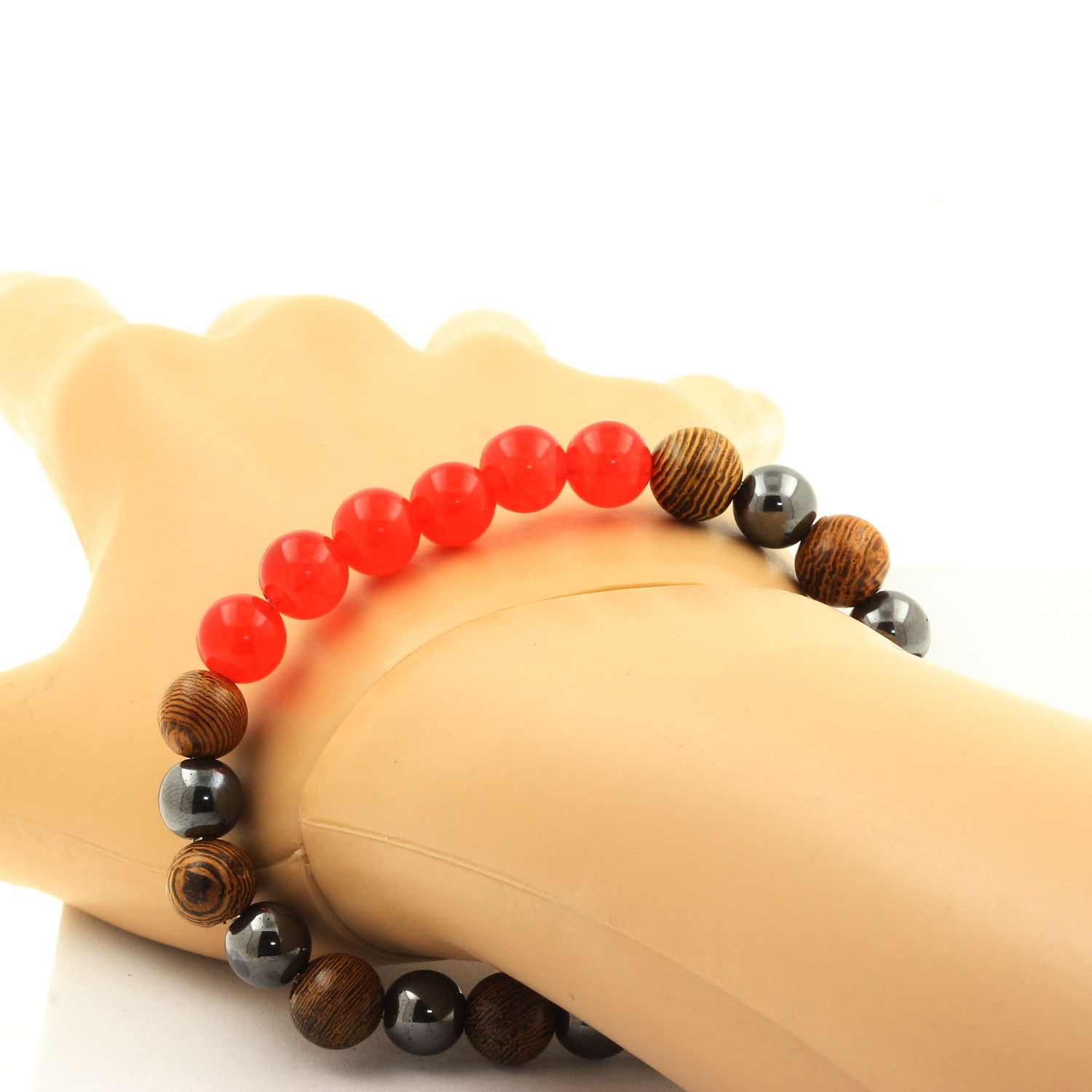 Red Chalcedony + Hematite + wood 8 mm beads Bracelet. - Horizon Bliss