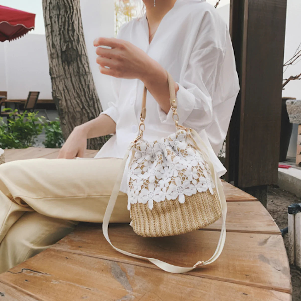 Summer Crossbody Straw Bucket with Lace - Horizon Bliss