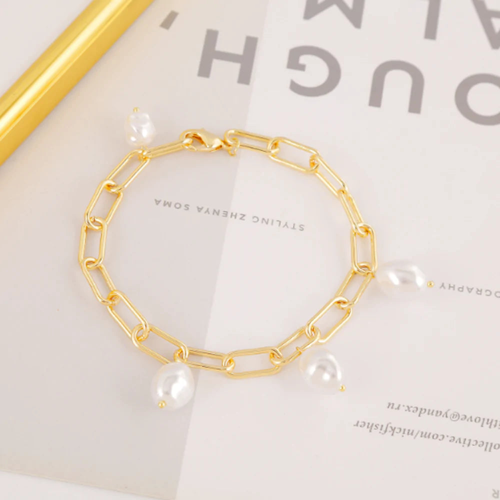 Womens Link Bracelet with Faux Pearl Detailing - Horizon Bliss