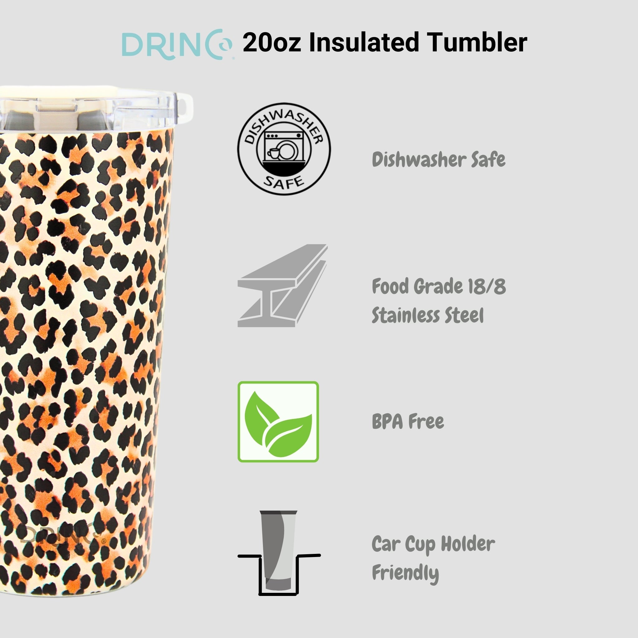 DRINCO® Seattle 20oz Insulated Tumbler Leakproof w/straw-Leopard