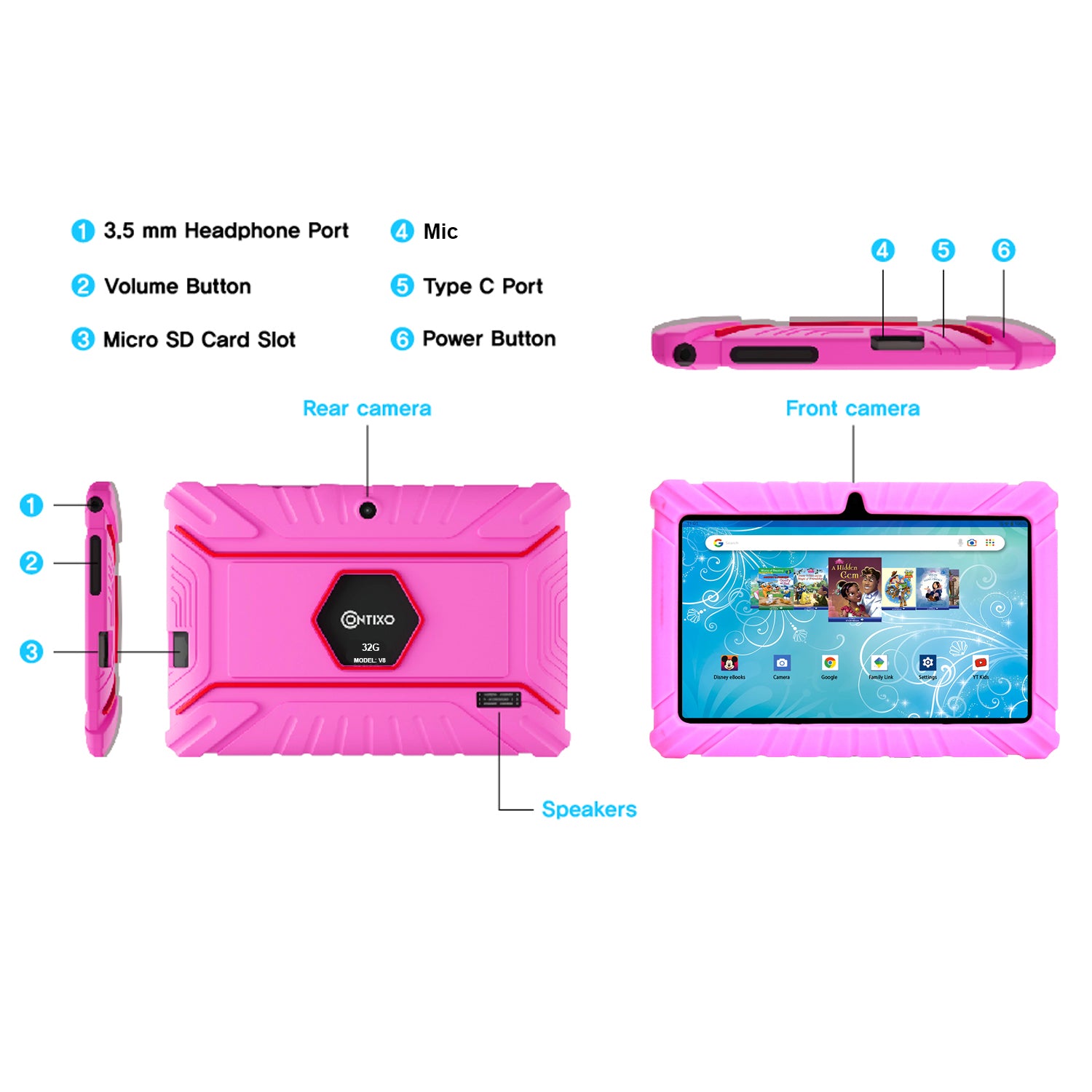 Contixo 7” V8-2 Pink 32GB Kids Tablet Featuring 50 Disney eBooks - Horizon Bliss