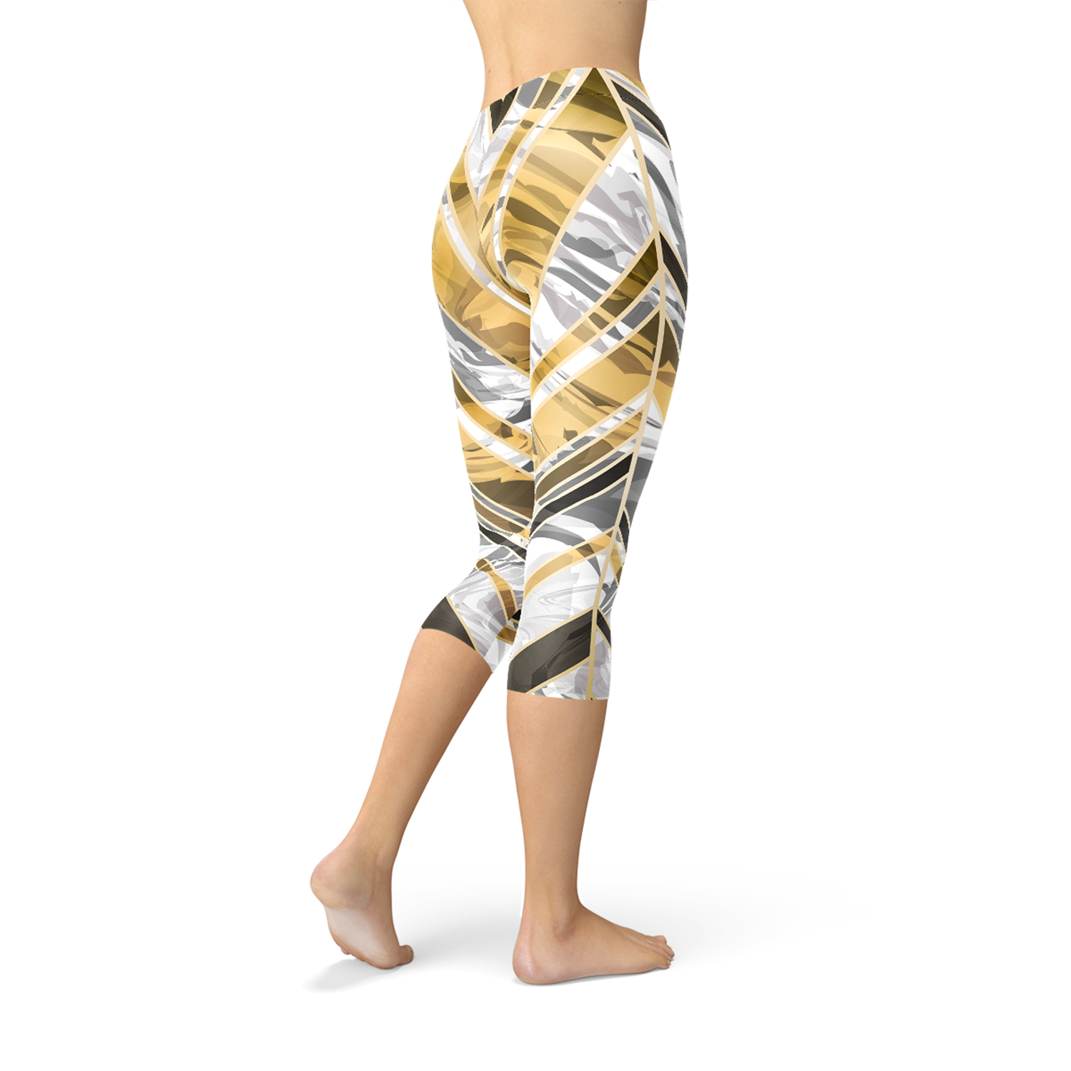 White Marble w/ Black Gold Lines Capri Leggings - Horizon Bliss