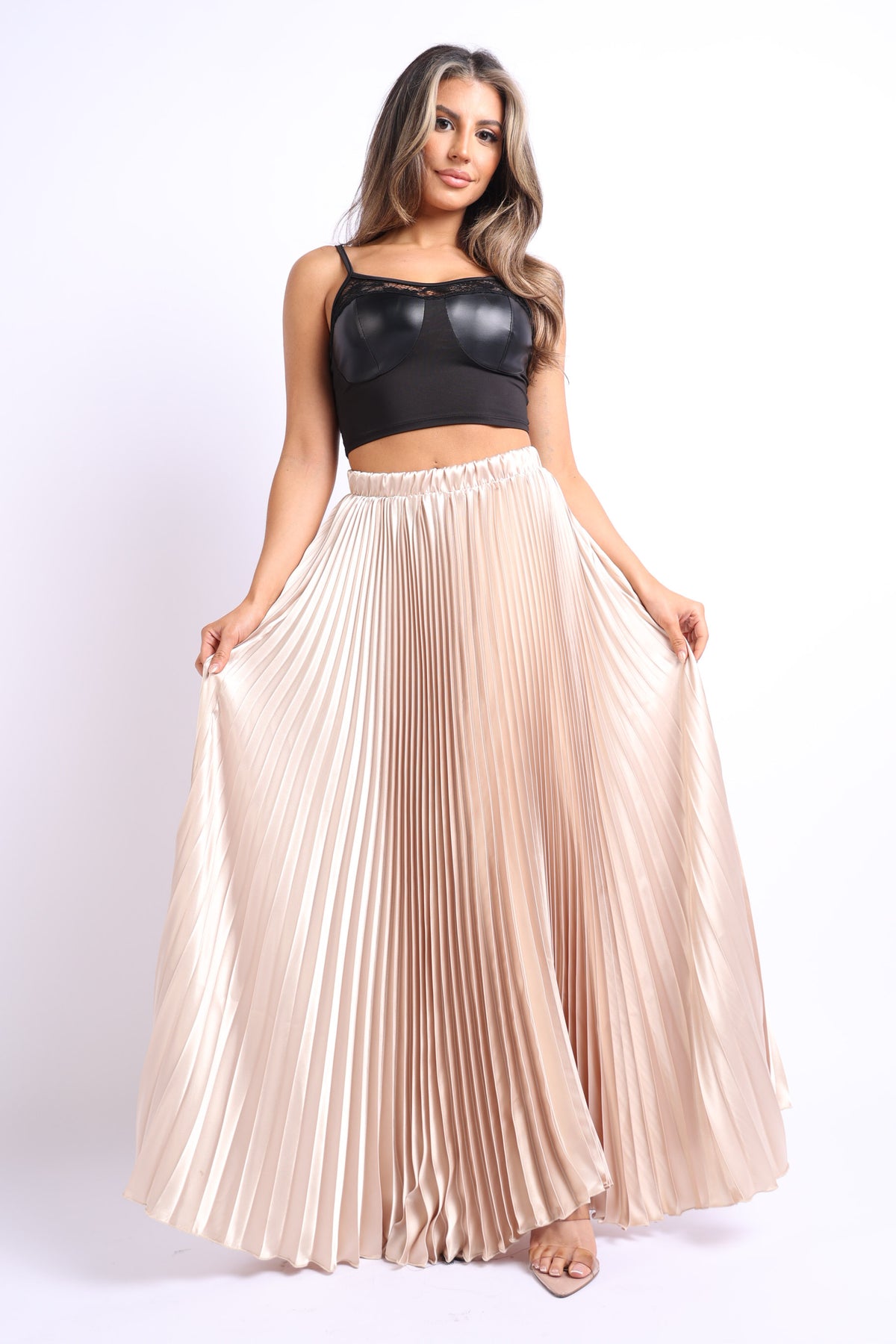 Elastic High Waist A-Line Pleated Satin Maxi Skirt TAUPE - Horizon Bliss