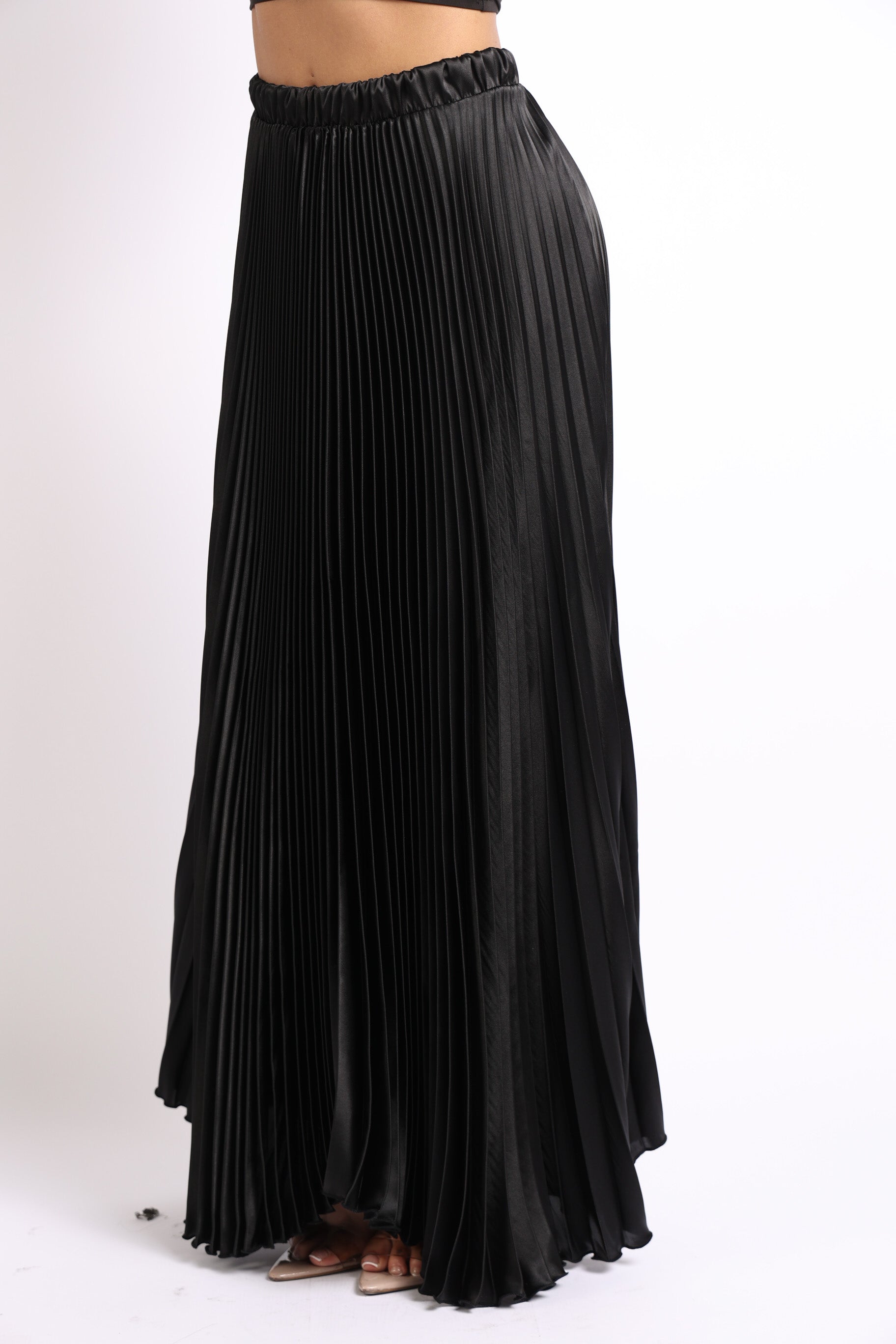 Elastic High Waist A-Line Pleated Satin Maxi Skirt BLACK - Horizon Bliss