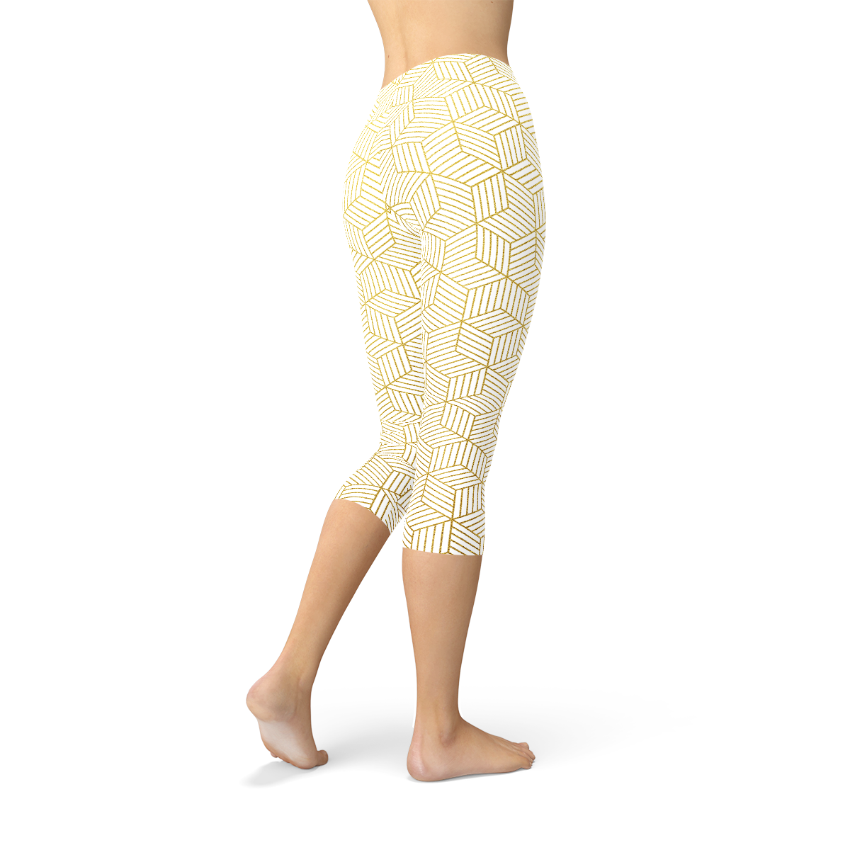 Womens White Capri Leggings w/ Geometric Cubes - Horizon Bliss