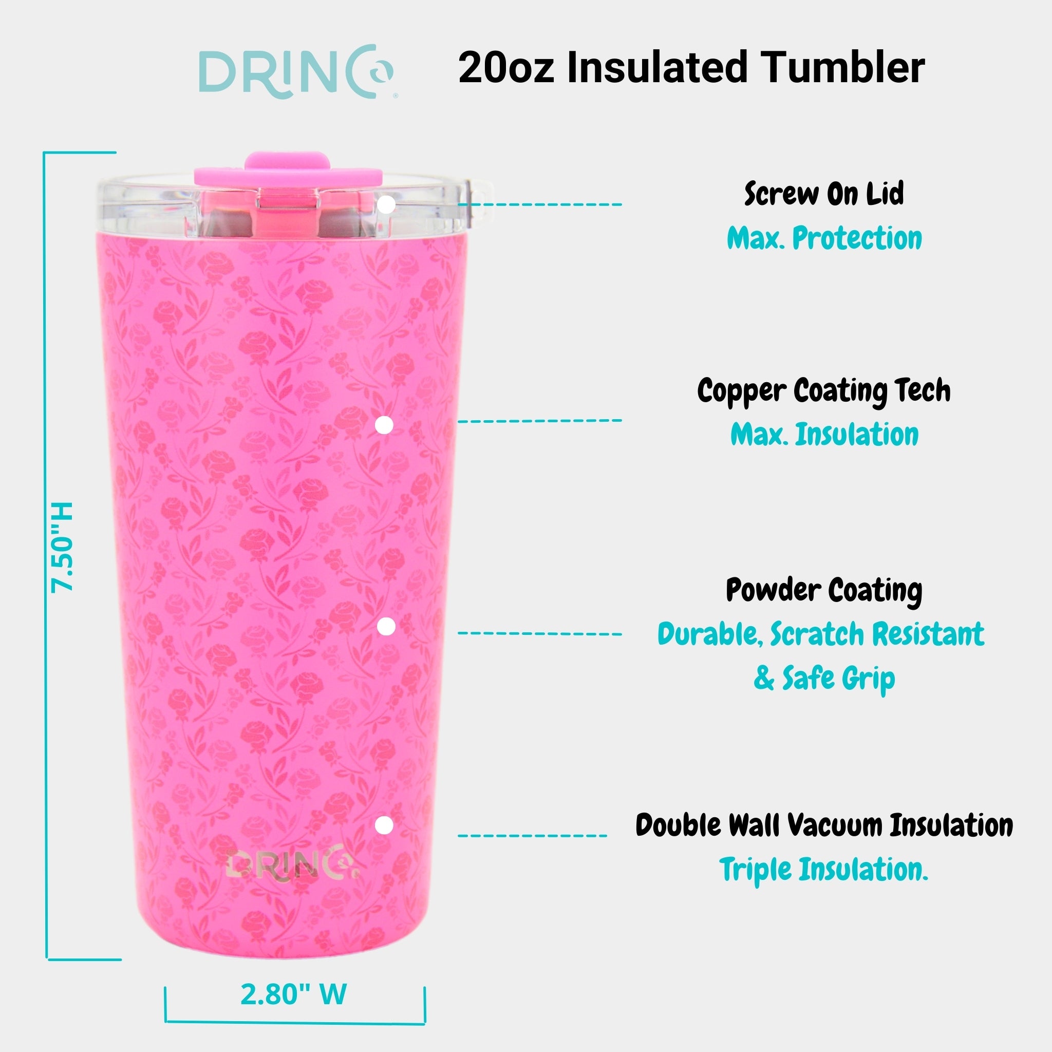 DRINCO® Seattle 20oz Insulated Tumbler Leakproof w/straw-Pink Rose