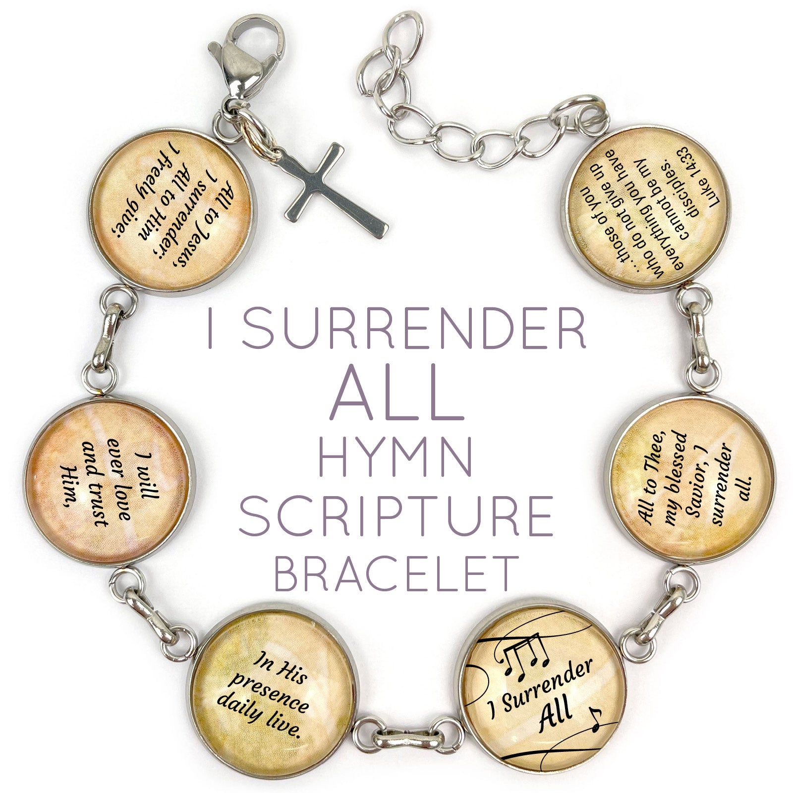 I Surrender All Hymn & Scripture Glass Charm Bracelet - Horizon Bliss