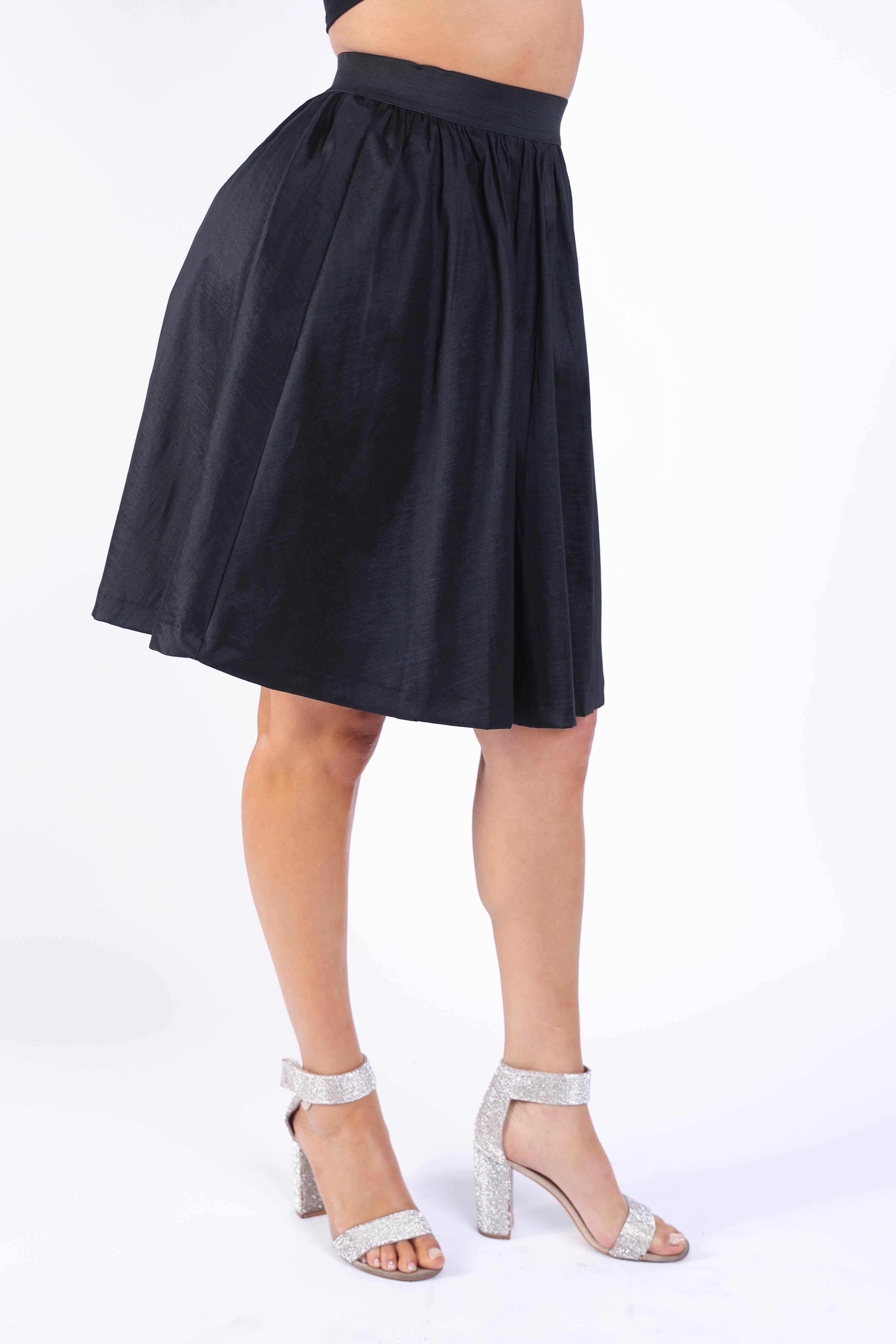 Casual Elastic High Waist Pleated Midi Flare Black Skirt - Horizon Bliss