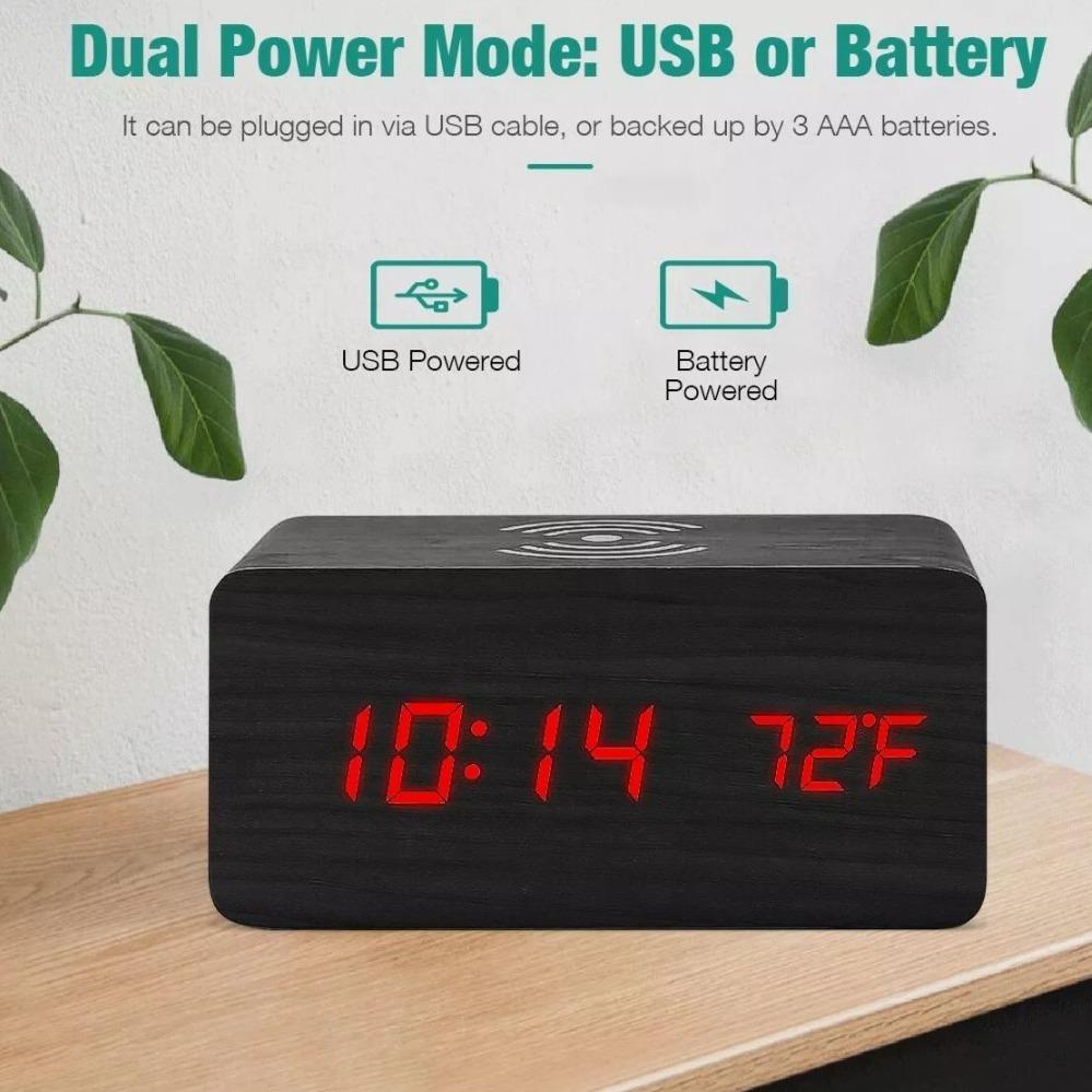 Wooden Digital Alarm Clock with Wireless Phone Charging Pad - Horizon Bliss