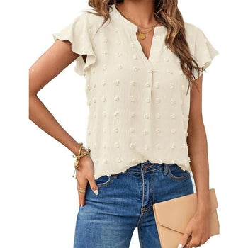 V-neck Ruffled Short Sleeve Shirt - Horizon Bliss