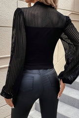 Black Stand Collar Striped Mesh Lantern Sleeve Blouse