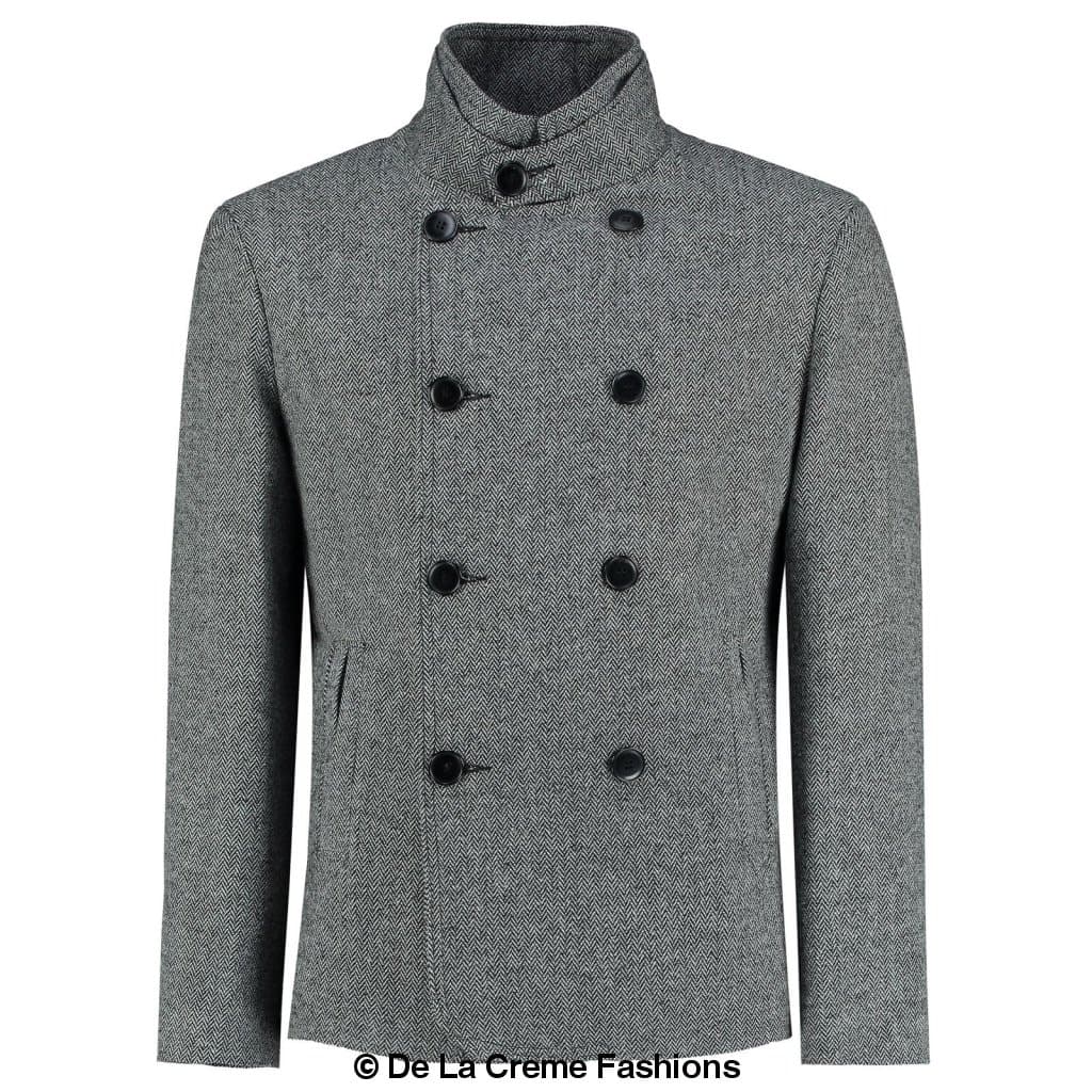 De La Creme MAN - Herringbone Tweed Blend Short Reefer Coat - Horizon Bliss