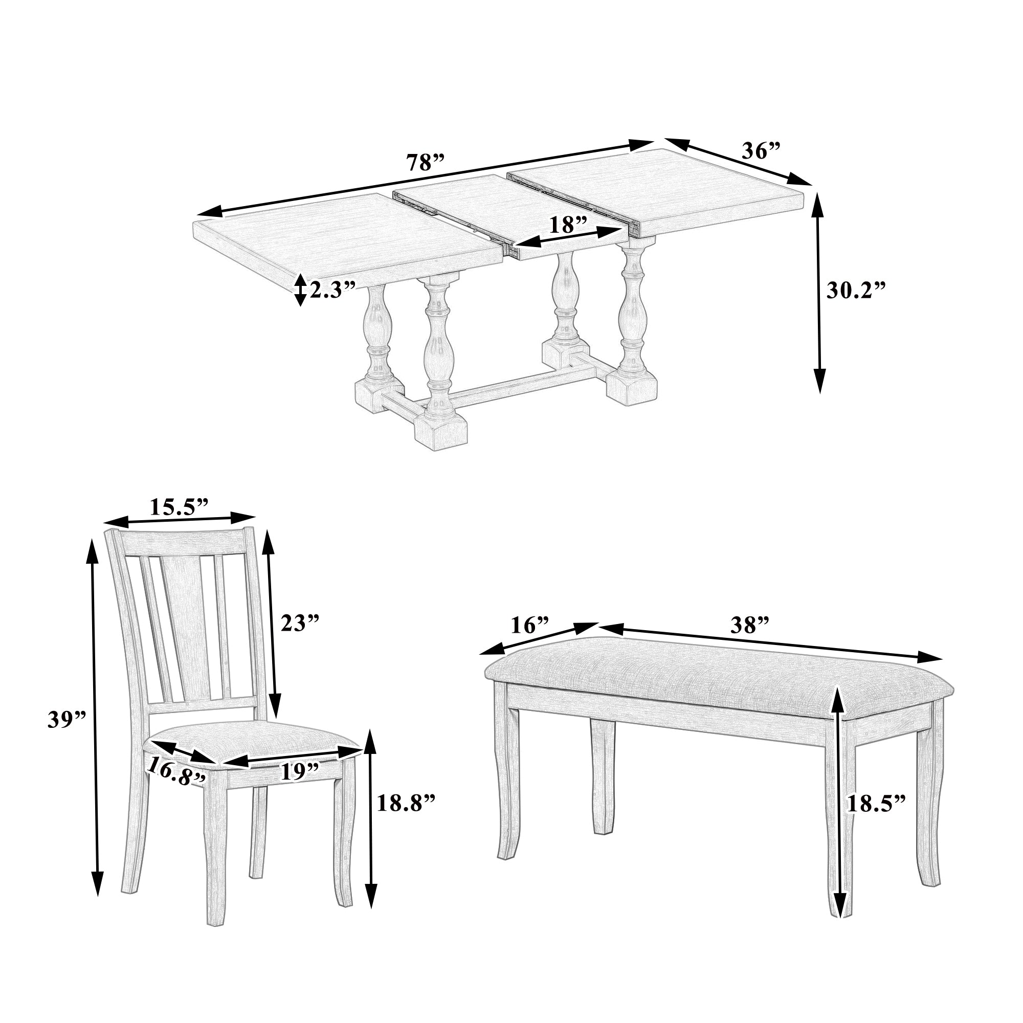 Traditional 6-Piece 78inch Trestle Extendable Dining Table Set with