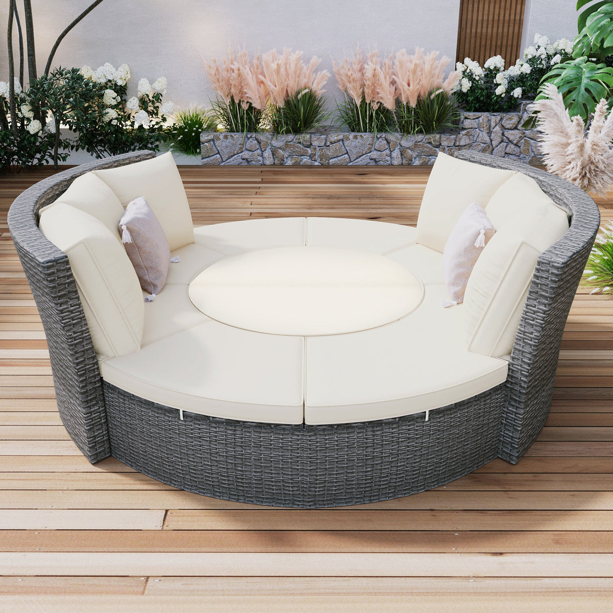 Patio 5-Piece Round Rattan Sectional Sofa Set All-Weather PE Wicker - Horizon Bliss