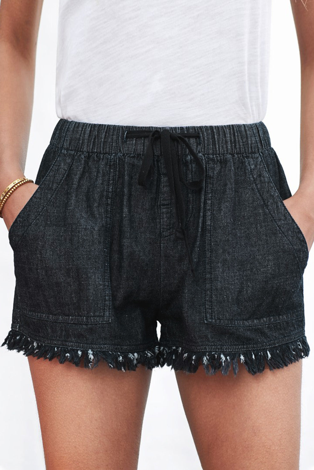 Casual Black Pocketed Frayed Denim Shorts - Horizon Bliss