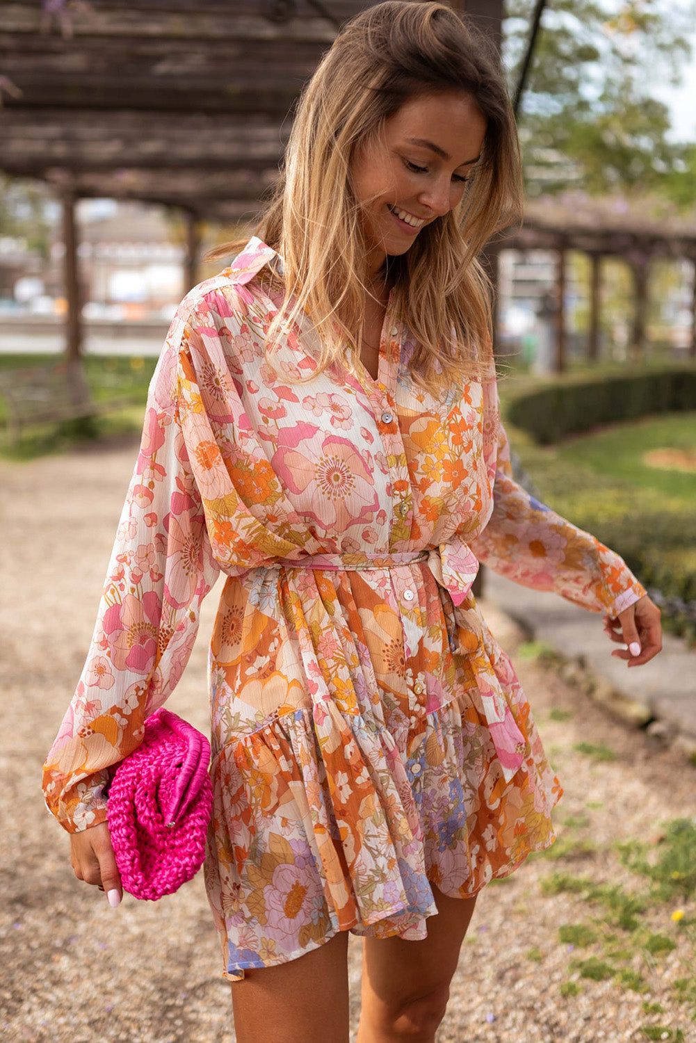 Yellow Ruffled Buttoned Knotted High Waist Floral Mini Dress