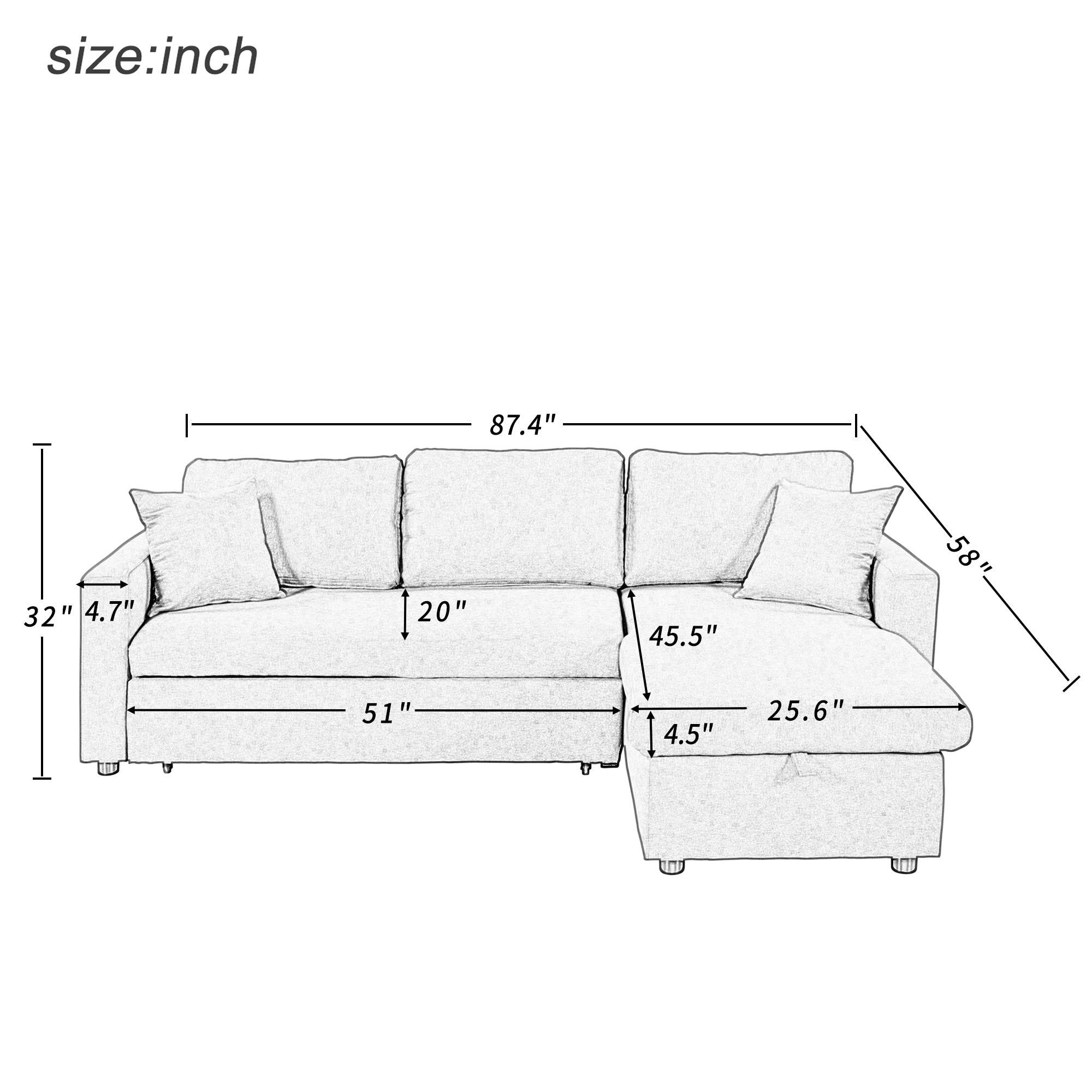 Upholstery  Sleeper Sectional Sofa Grey with Storage Space, 2 Tossing - Horizon Bliss