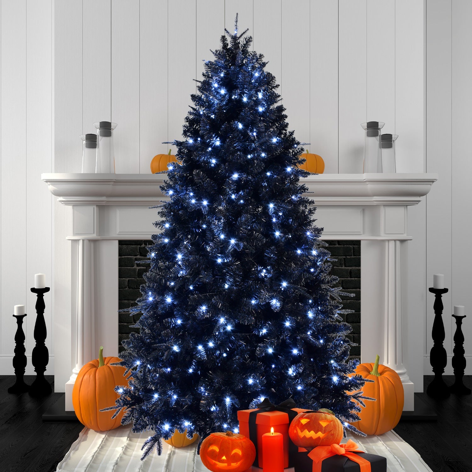 8ft Pre-Lit Black Christmas Tree, Full Halloween Xmas Artificial Tree