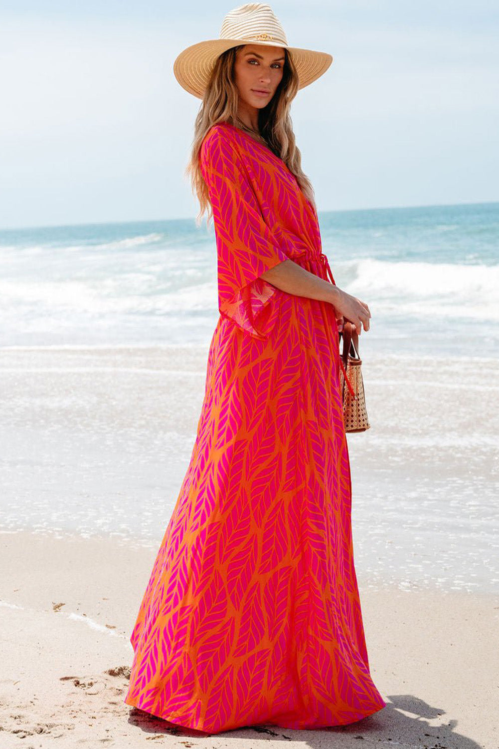 Orange Leafy Print 3/4 Sleeve V Neck Buttoned Split Maxi Dress