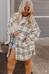 White Plaid Print Tunic Plus Size Shacket with Slits