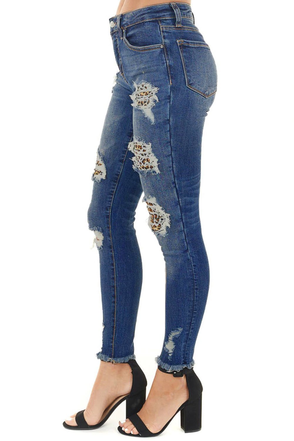 Women's Dark Blue Leopard Print Distressed Washed Skinny Jeans - Horizon Bliss