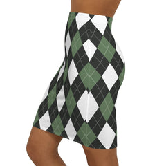 Womens Pencil Skirt, Green And White Argyle Stretch Mini - Horizon Bliss