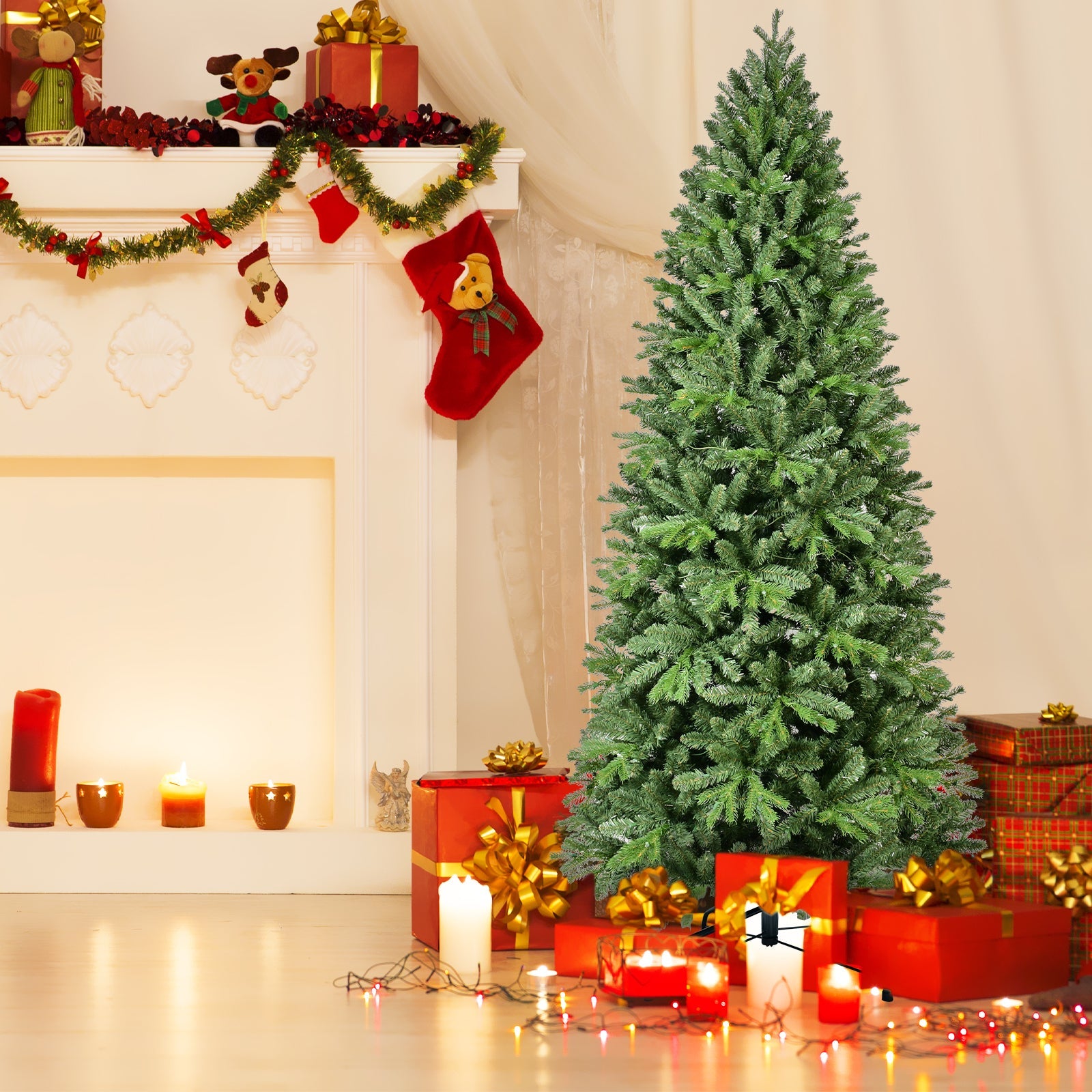 8FT Pre-Lit Slim Christmas Tree, Green, Fir Xmas 'Feel Real'