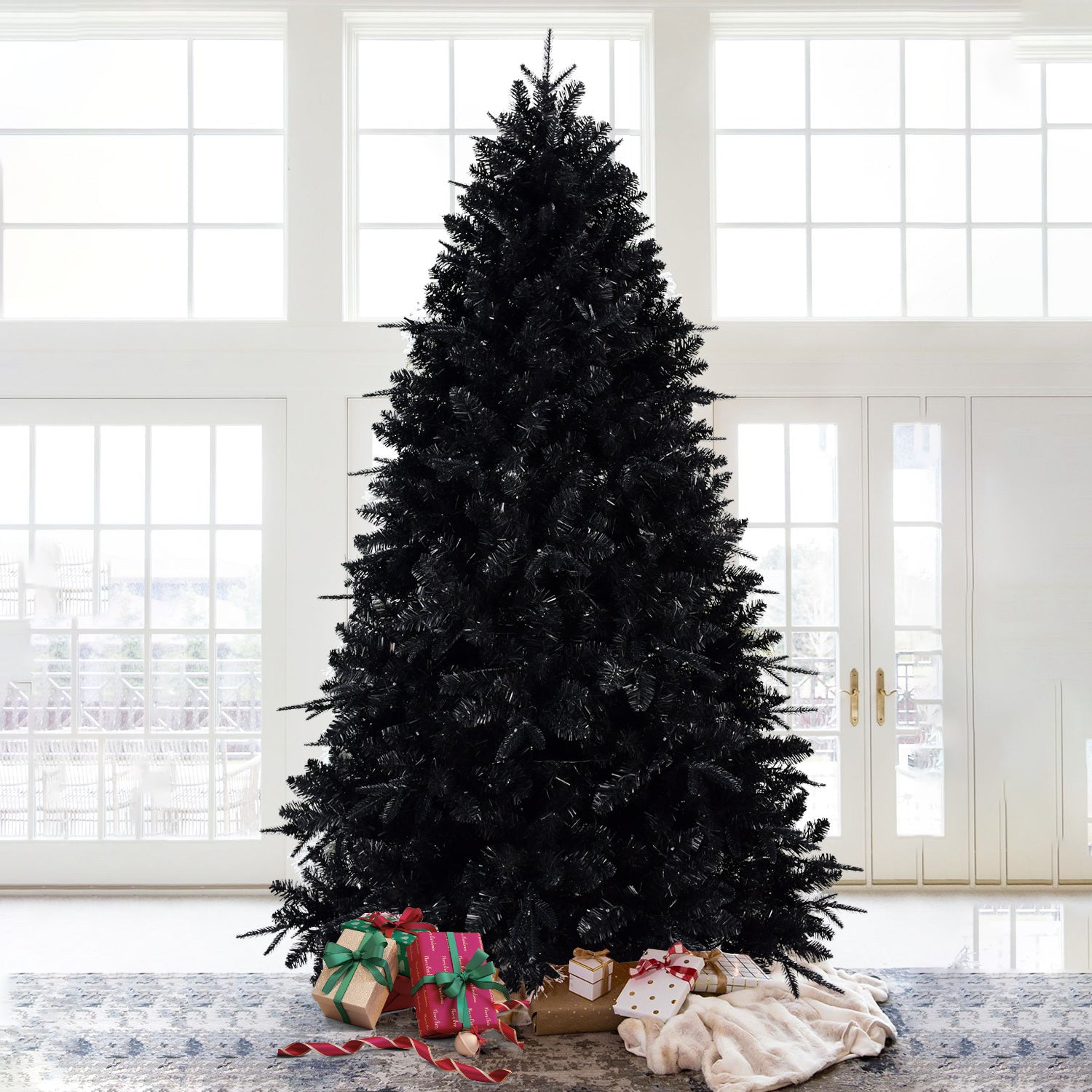 8ft Pre-Lit Black Christmas Tree, Full Halloween Xmas Artificial Tree