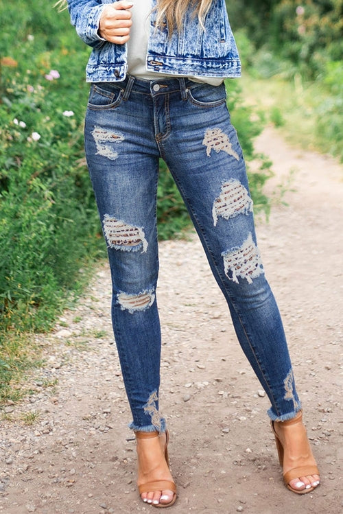 Women's Dark Blue Leopard Print Distressed Washed Skinny Jeans - Horizon Bliss