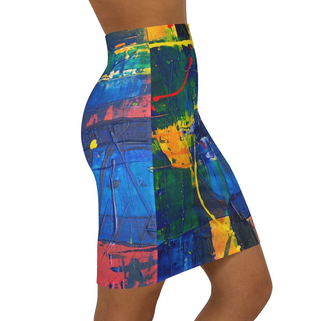 Womens Mini Skirt, High Waisted, Multicolor Abstract Pencil Skirt - Horizon Bliss