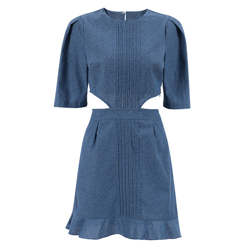 2023 Woman Chic Elegant Waist Cut Out Mini Denim Dress Vintage Casual - Horizon Bliss