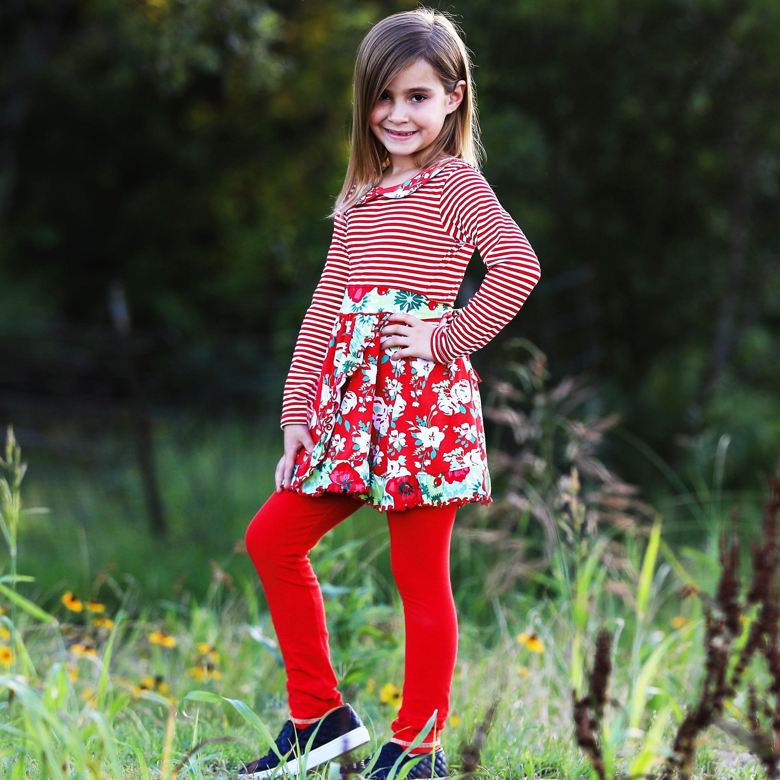 AnnLoren Little & Big Girls Boutique Red Christmas Floral Holiday - Horizon Bliss